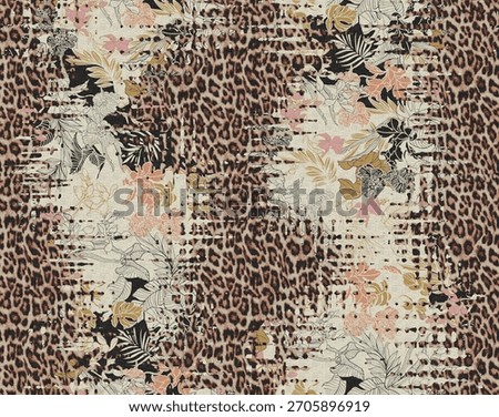 Leopard and floral mixed seamless pattern with animal print details, fashion textile design for dress, scarf and home textile printing