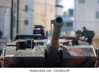 Leopard Main Battle Tank, Military Parade. War Heavy Vehicle, City Background. Army Equipment For Fight And Defense