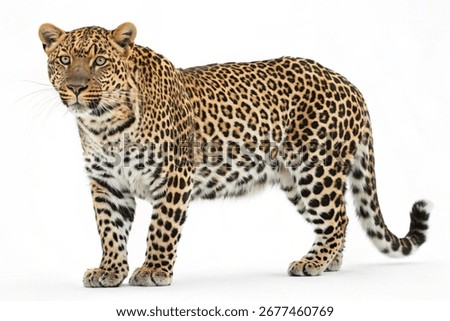 Leopard standing isolated on white background. Wild big cat with spotted fur pattern.