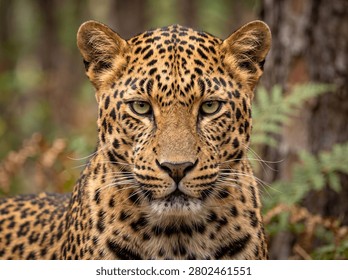 A leopard staring directly at the camera with an intense and powerful gaze.