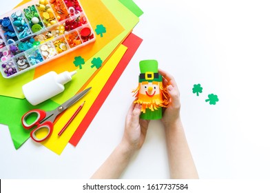 Leprechaun Paper Craft. St.Patrick 's Day. Four Leaf Clover Green. Material For Creativity. Children's Creativity