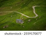 LES CHAPIEUX , Alps, France, Tour du Mont Blanc -  the mountain shelter, La Ville Des Glaciers with high peaks in background and a winding road
