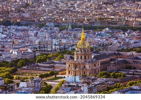 Les Invalides in Paris France with the tomb of Napoleon Bonaparte under the golden dome.
