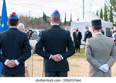 Les Milles, France - 01 27 2021: Students From The Aix-en-Provence Military High School Take Part In The Holocaust Remembrance Ceremony At Camps Des Milles 