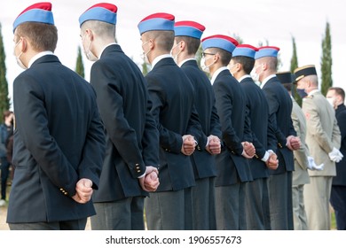 Les Milles, France - 01 27 2021: Students From The Aix-en-Provence Military High School Take Part In The Holocaust Remembrance Ceremony At Camps Des Milles 