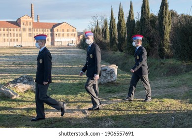 Les Milles, France - 01 27 2021: Students From The Aix-en-Provence Military High School Take Part In The Holocaust Remembrance Ceremony At Camps Des Milles 