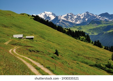 Les Saisies, Haute-Savoie, France - 1 July 2020: farm in the Mont Blanc massif