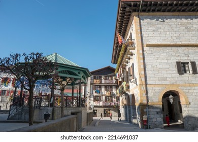 Lesaka  Navarre - Basque Country   On February 28, 2022:  Cityscape On Sunday Of Carnival Festival.  The Town Hall Square.