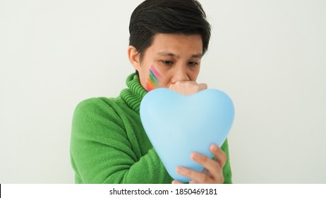 Lesbian Asian Woman Sad Expression Having Love Problem Blue Heart