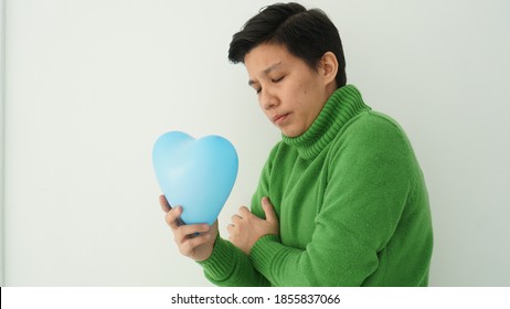 Lesbian Asian Woman Sad Expression Having Love Problem Blue Heart