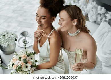 A lesbian couple celebrates their wedding day with smiles and champagne. - Powered by Shutterstock