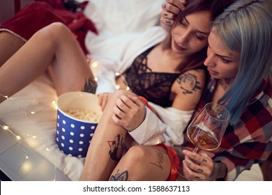 Lesbian Couple, Christmas And Ney Year Concept, Presents And Decoration