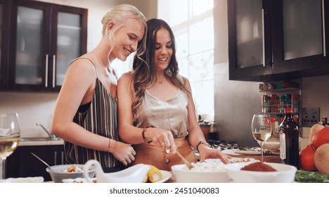 Lesbian, couple or kitchen or happy with dinner for family, food for cooking or holidays. Female chefs or meal with lgbt partner in home and together, relax with smile or love with celebration - Powered by Shutterstock