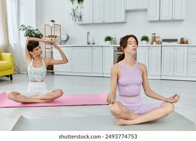 A lesbian couple practices yoga together in their modern apartment, enjoying mindfulness and quality time. - Powered by Shutterstock