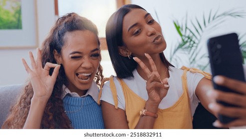 Lesbian, couple and selfie with hand gesture at house for pride photography, social media post and lgbtq support. Smile, gay people and profile picture update, peace sign and relationship for bonding - Powered by Shutterstock