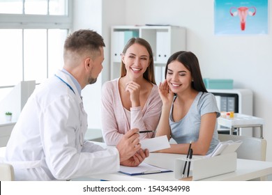 Lesbian Couple Visiting Male Gynecologist In Clinic