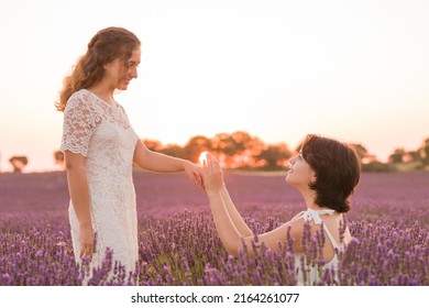 Lesbian Engagement Proposal. Wedding Lgbtq Couple Love. Hispanic Female Young Relationship