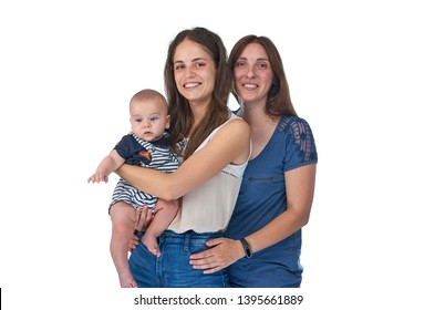 Lesbian Love, Young Lesbian Mothers With Their Baby. Homosexual Family