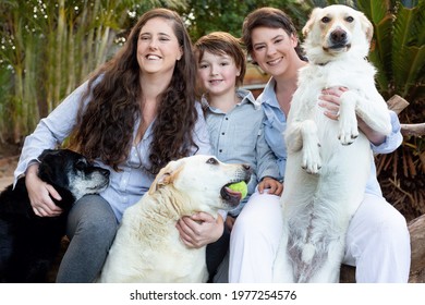 Lesbian Moms With A Young Boy. 3 Labrador Dogs. A Big Family Picture. 