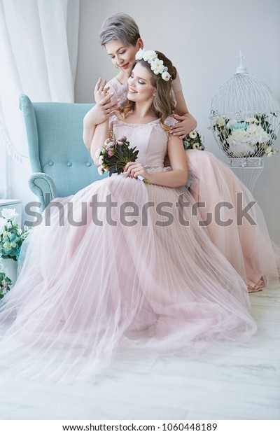 Lesbian Wedding Newlyweds Light Pink Bridal Royalty Free Stock Image