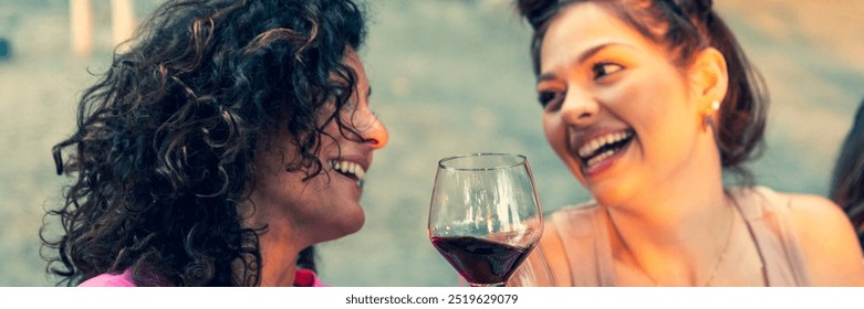 lesbian women toasting red wine on picnic table – lesbian couple relax toast with drink glasses – happy girls friends sibling clinking glasses - horizontal web banner size for header - Powered by Shutterstock