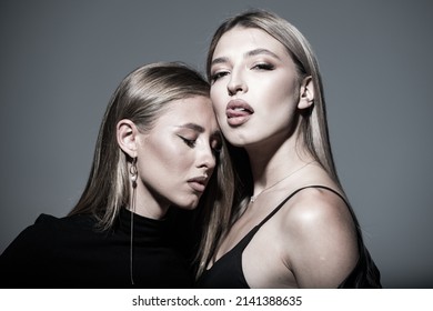 Lesbians Lgbt Couple. Two Fashion Beauty Model In Vogue Style, Beautiful Sexy Pretty Woman Perfect Skin, Cosmetic Makeup Face Sexy Sensual Girls Friends. Lgbt, Tolerance, Lesbians Couple Love Concept.