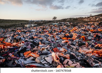 Lesbos, Greece; February, 17, 2018: Refugee Life Jacket Graveyard