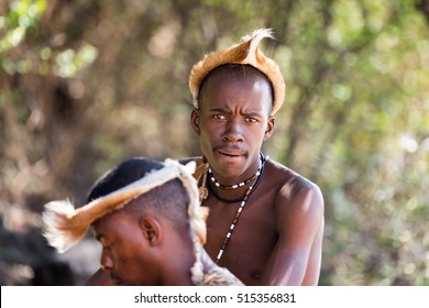 Lesedi Cultural Village, SOUTH AFRICA - 4 November 2016: Zulu tribesmen wearing impala skin headdress. Zulu is one of the five main tribes in South Africa known for their fighting skills.  