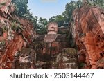 Leshan Giant Buddha in Sichuan, China. View from the river cruise.