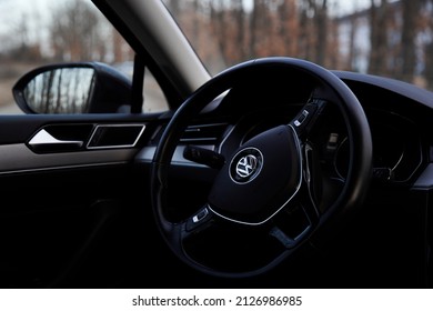 Leskovac, Srbija - 02-16-2022 Cinematic Photography Of Steering Wheel Volkswagen Passat B8