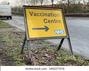 Letchworth Garden City, UK - January 23 2021: NHS Vaccination Centre Sign On Roadside, For Covid Vaccine Distribution Centre 