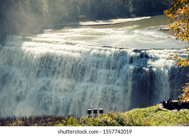 Letchworth State Park, New York-October 18, 2019: People Watching Middle Falls In Letchworth State Park During Autumn Season From A Lookout Point. Many Come To View The Waterfalls In The Park.