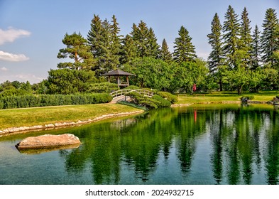Lethbridge, Alberta - July 5, 2021: Scenery in the Nikka Yuko Japanese Gardens attraction in Lethbridge