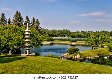 Lethbridge, Alberta - July 5, 2021: Scenery in the Nikka Yuko Japanese Gardens attraction in Lethbridge