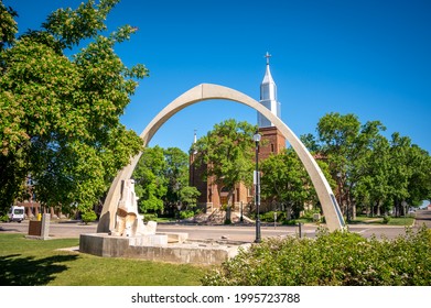 Lethbridge, Alberta - June 13, 2021:  Grounds of Lethbridge's city hall on a warm summer day.