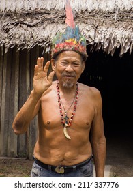 Leticia, Colombia - Dec, 2021: Cacique The Oldest Indian From Family Of The Huito Tribe. Native Amazonian Man. Amazonia. Latin America.