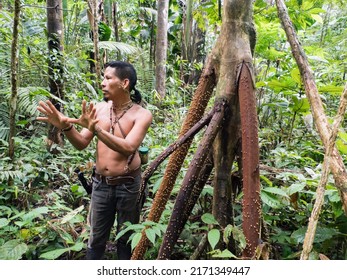 Leticia, Colombia - Dec, 2021: Indian From Huito Tribe. Native Amazonian Man. Amazonia. Latin America.