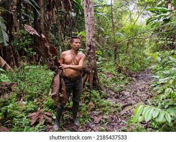 Leticia, Colombia - Dec, 2021: Indian From Huito Tribe. Native Amazonian Man. Amazonia. Latin America.