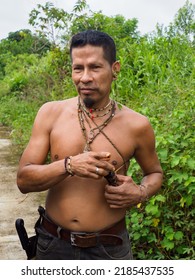 Leticia, Colombia - Dec, 2021: Indian From Huito Tribe. Native Amazonian Man. Amazonia. Latin America.