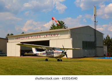 LETKOV, CZECH REPUBLIC - JUNE 3, 2017: Cessna 172 Skyhawk in front of hangar Aeroclub Plzen Letkov.