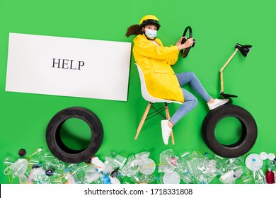 Let's Collaborate. Full Size High Angle Flat Lay Photo Citizen Lady Drive Bike Trash Recycling Center Plastic Products Littered Street Pollution Ask Help Isolated Green Color Background