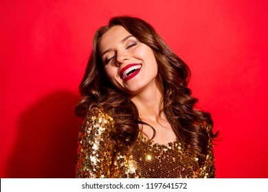 Let's Dance All Night! Portrait Of Stylish, Trendy Lady With Closed Eyes And Modern Wave Hairdro Isolated On Bright Red Background Make Big White Hollywood Smile