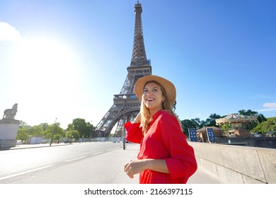 Let's Explore Europe. Excited Traveler Girl Visiting Paris, France. Wide Angle.