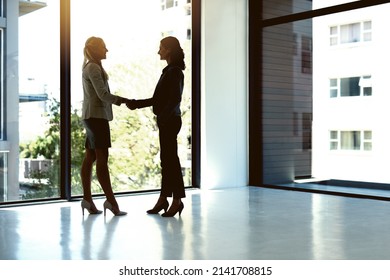 Lets get started and make some great things happen together. Shot of two businesspeople shaking hands in an office.