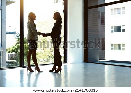 Lets get started and make some great things happen together. Shot of two businesspeople shaking hands in an office.