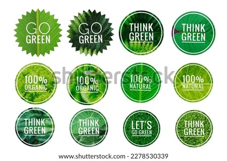Let's go green and 100% natural logo with natural green leaf pattern on white background, ecological banner collections concept
