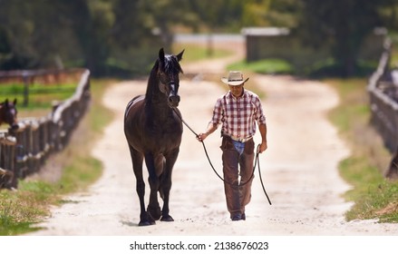 Lets go for a talk. Shot of a cowboy leading his horse by the reins. - Powered by Shutterstock