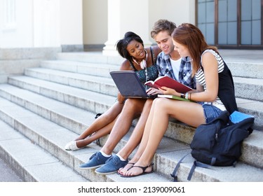 Lets Have A Meeting Of The Minds. Three Students Studying On The Steps Outside Varsity.