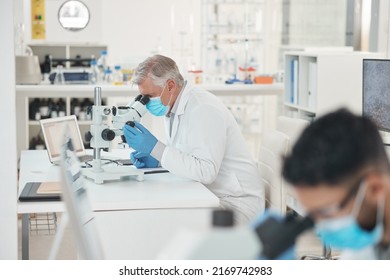 Lets See Whats Happening Here. Shot Of A Mature Scientist Using A Microscope In A Lab.