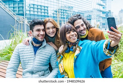 Let's Take A Selfie! Multiethnic With Lowered Masks Smiles And Take A Selfie. Return To Normal Life